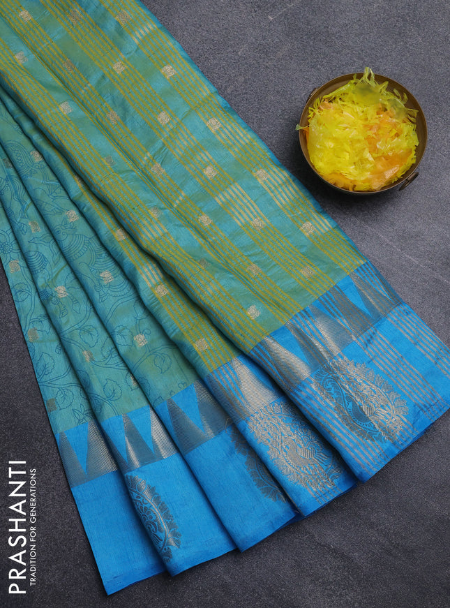 Semi raw silk saree teal shade and cs blue with allover kalamkari prints & 1000 zari buttas and temple design zari butta border