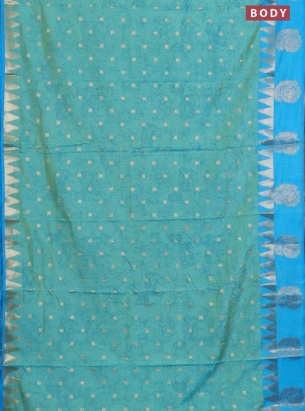 Semi raw silk saree teal shade and cs blue with allover kalamkari prints & 1000 zari buttas and temple design zari butta border