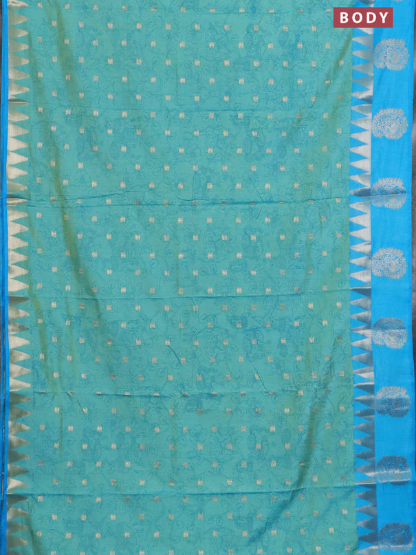 Semi raw silk saree teal shade and cs blue with allover kalamkari prints & 1000 zari buttas and temple design zari butta border