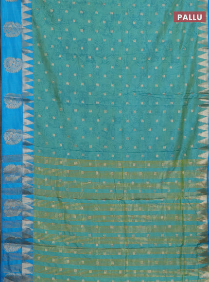 Semi raw silk saree teal shade and cs blue with allover kalamkari prints & 1000 zari buttas and temple design zari butta border
