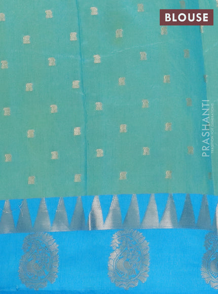 Semi raw silk saree teal shade and cs blue with allover kalamkari prints & 1000 zari buttas and temple design zari butta border