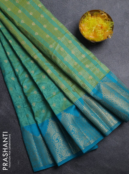 Semi raw silk saree teal bluish green and teal blue with allover kalamkari prints & 1000 zari buttas and zari woven border