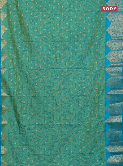 Semi raw silk saree teal bluish green and teal blue with allover kalamkari prints & 1000 zari buttas and zari woven border