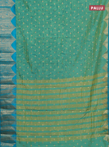 Semi raw silk saree teal bluish green and teal blue with allover kalamkari prints & 1000 zari buttas and zari woven border