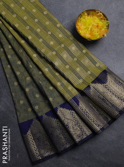 Semi raw silk saree mehendi green and navy blue with allover kalamkari prints & 1000 zari buttas and zari woven border