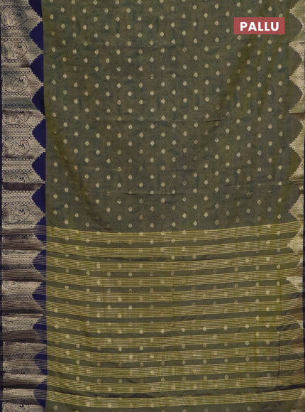 Semi raw silk saree mehendi green and navy blue with allover kalamkari prints & 1000 zari buttas and zari woven border