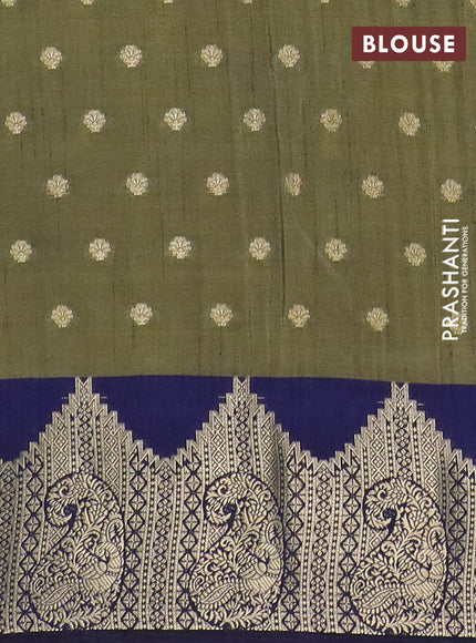 Semi raw silk saree mehendi green and navy blue with allover kalamkari prints & 1000 zari buttas and zari woven border