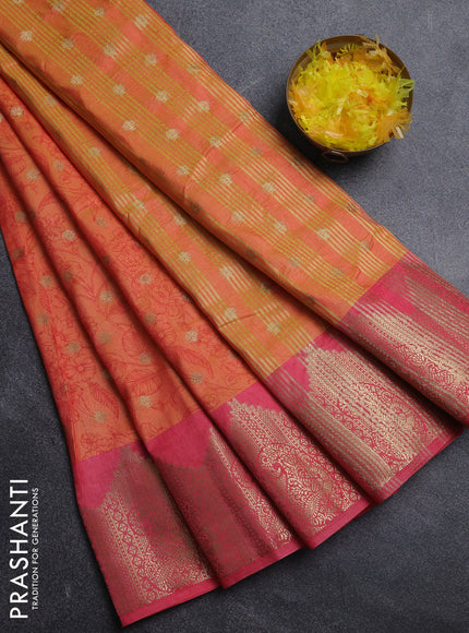 Semi raw silk saree dual shade of orange and peach pink with allover kalamkari prints & 1000 zari buttas and zari woven border