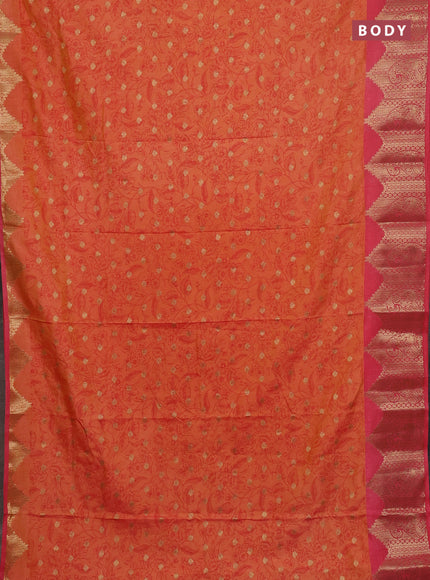Semi raw silk saree dual shade of orange and peach pink with allover kalamkari prints & 1000 zari buttas and zari woven border