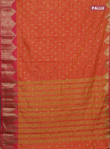 Semi raw silk saree dual shade of orange and peach pink with allover kalamkari prints & 1000 zari buttas and zari woven border