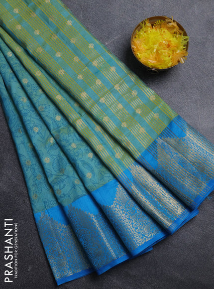 Semi raw silk saree teal bluish green and cs blue with allover kalamkari prints & 1000 zari buttas and zari woven border