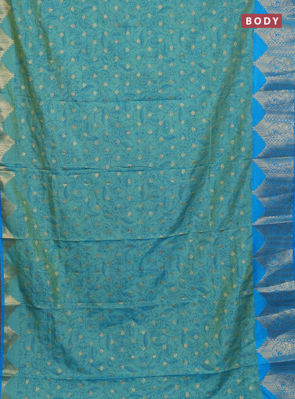 Semi raw silk saree teal bluish green and cs blue with allover kalamkari prints & 1000 zari buttas and zari woven border
