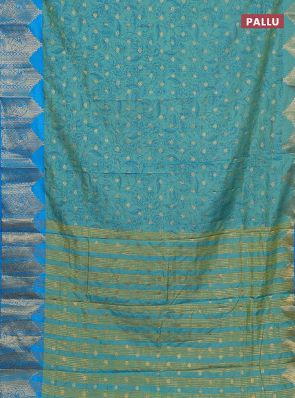 Semi raw silk saree teal bluish green and cs blue with allover kalamkari prints & 1000 zari buttas and zari woven border