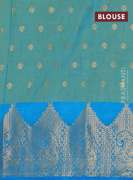 Semi raw silk saree teal bluish green and cs blue with allover kalamkari prints & 1000 zari buttas and zari woven border