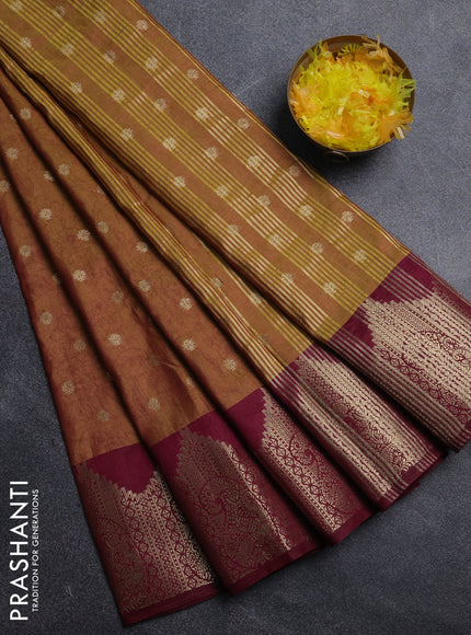Semi raw silk saree dark mustard green and wine shade with allover kalamkari prints & 1000 zari buttas and zari woven border