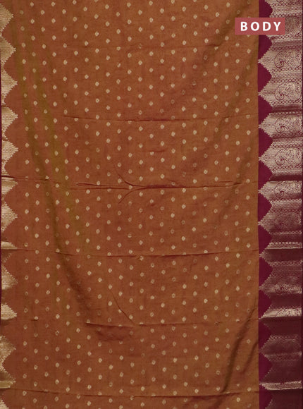 Semi raw silk saree dark mustard green and wine shade with allover kalamkari prints & 1000 zari buttas and zari woven border