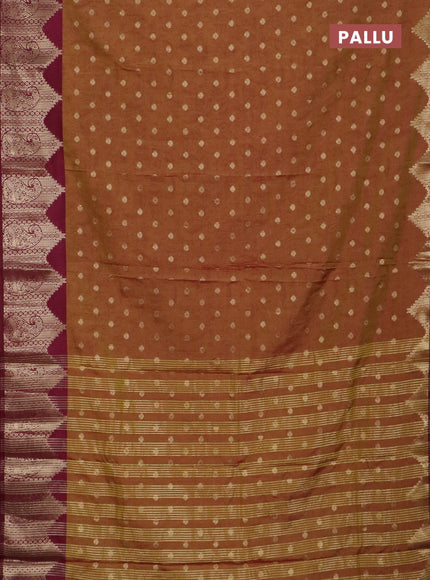 Semi raw silk saree dark mustard green and wine shade with allover kalamkari prints & 1000 zari buttas and zari woven border