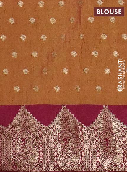 Semi raw silk saree dark mustard green and wine shade with allover kalamkari prints & 1000 zari buttas and zari woven border