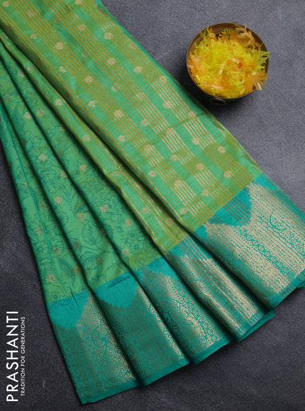 Semi raw silk saree teal bluish green and teal green with allover kalamkari prints & 1000 zari buttas and zari woven border