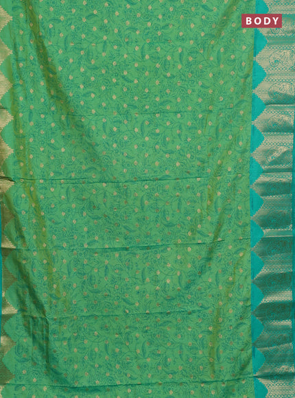 Semi raw silk saree teal bluish green and teal green with allover kalamkari prints & 1000 zari buttas and zari woven border