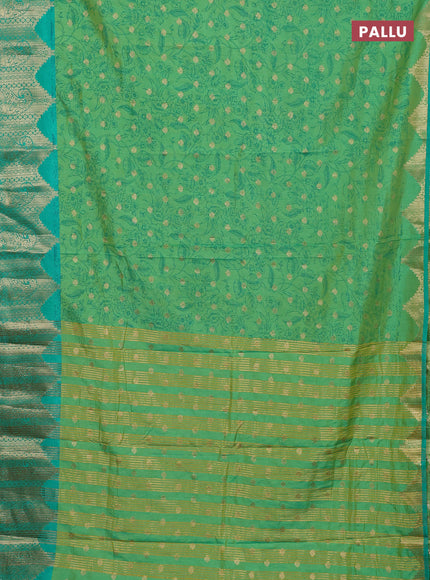 Semi raw silk saree teal bluish green and teal green with allover kalamkari prints & 1000 zari buttas and zari woven border