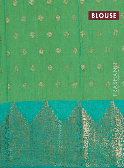 Semi raw silk saree teal bluish green and teal green with allover kalamkari prints & 1000 zari buttas and zari woven border