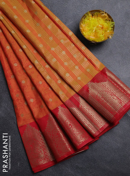 Semi raw silk saree dual shade of orange and red with allover kalamkari prints & 1000 zari buttas and zari woven border