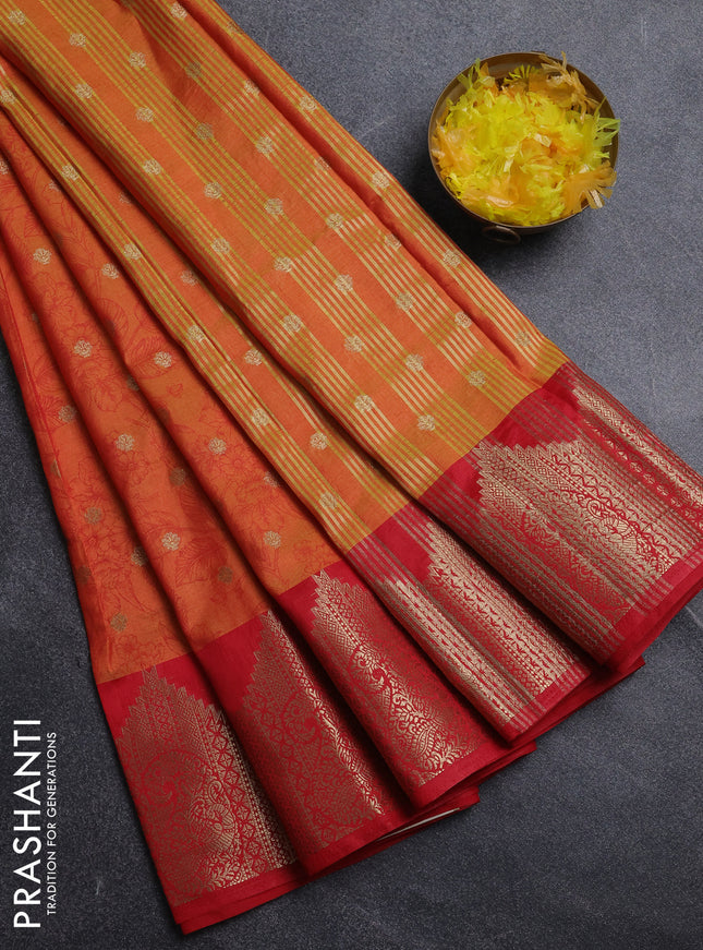 Semi raw silk saree dual shade of orange and red with allover kalamkari prints & 1000 zari buttas and zari woven border