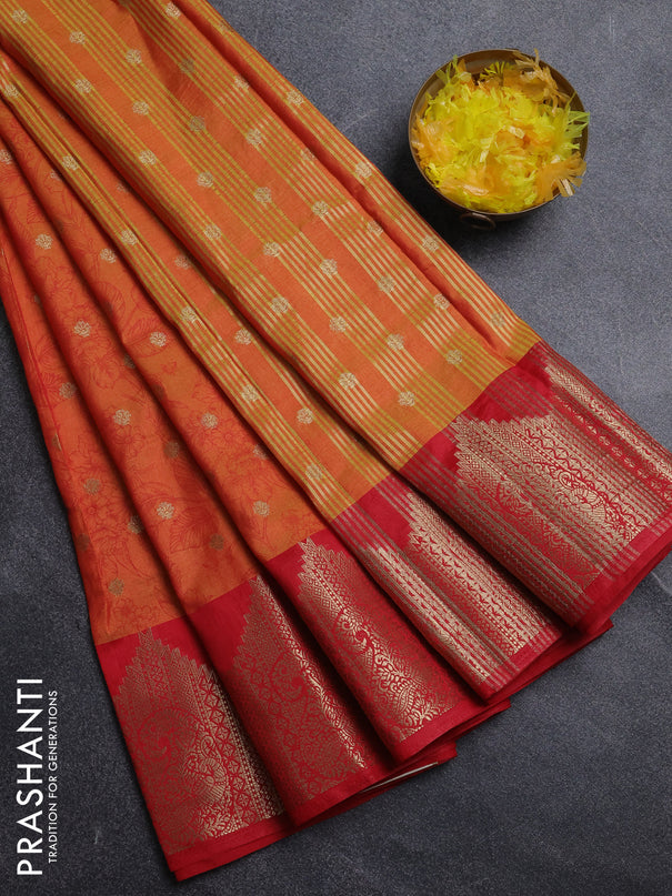 Semi raw silk saree dual shade of orange and red with allover kalamkari prints & 1000 zari buttas and zari woven border