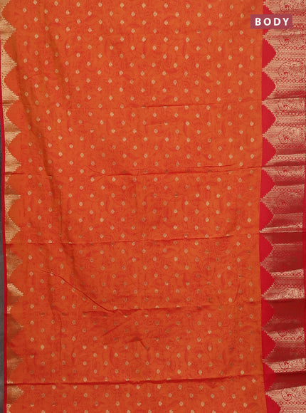 Semi raw silk saree dual shade of orange and red with allover kalamkari prints & 1000 zari buttas and zari woven border
