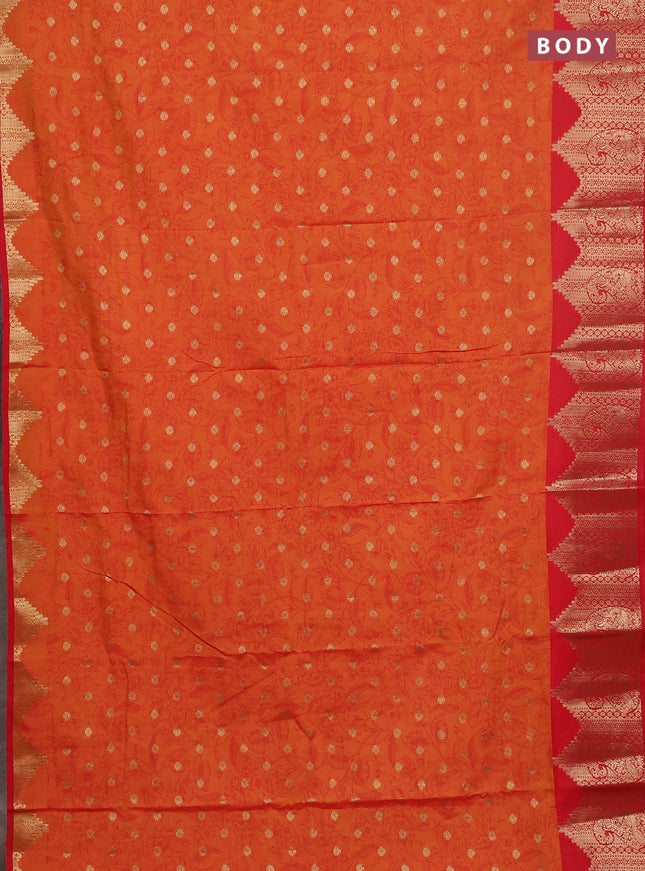 Semi raw silk saree dual shade of orange and red with allover kalamkari prints & 1000 zari buttas and zari woven border