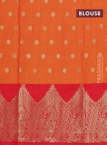 Semi raw silk saree dual shade of orange and red with allover kalamkari prints & 1000 zari buttas and zari woven border