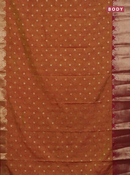 Semi raw silk saree dual shade of dark mustard and maroon with allover kalamkari prints & 1000 zari buttas and zari woven border