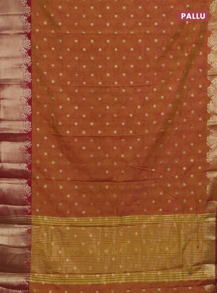 Semi raw silk saree dual shade of dark mustard and maroon with allover kalamkari prints & 1000 zari buttas and zari woven border