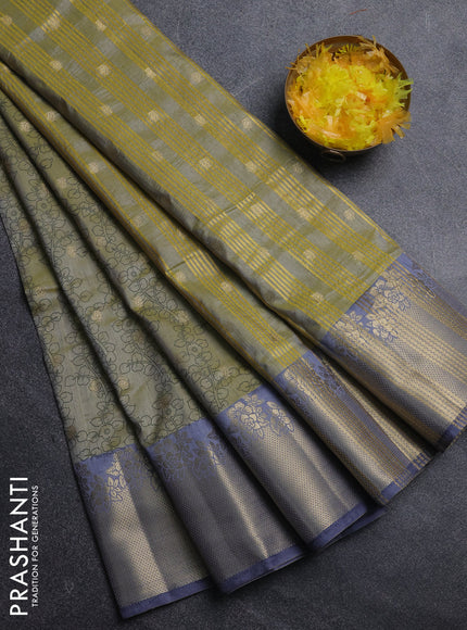 Semi raw silk saree elaichi green and grey with allover kalamkari prints & 1000 zari buttas and zari woven border