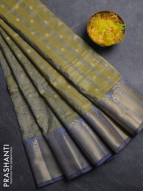 Semi raw silk saree elaichi green and grey with allover kalamkari prints & 1000 zari buttas and zari woven border