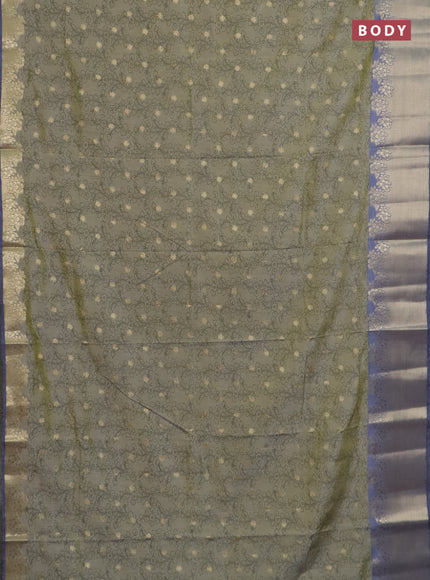 Semi raw silk saree elaichi green and grey with allover kalamkari prints & 1000 zari buttas and zari woven border