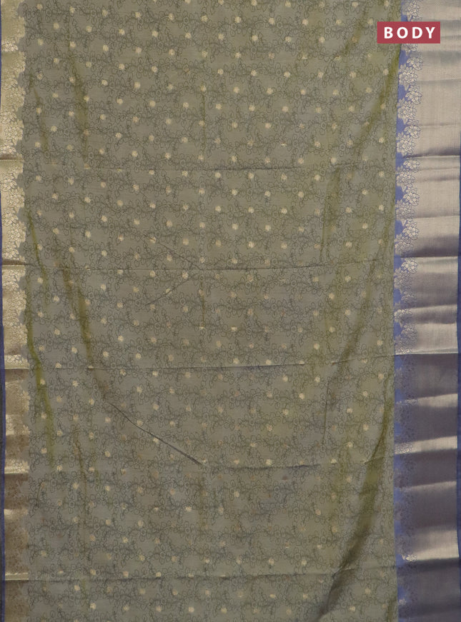 Semi raw silk saree elaichi green and grey with allover kalamkari prints & 1000 zari buttas and zari woven border