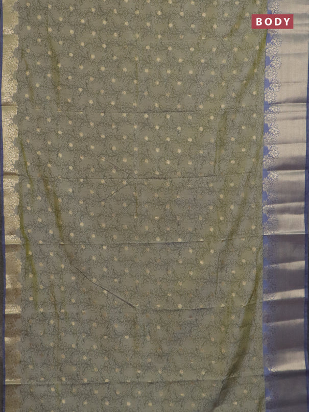 Semi raw silk saree elaichi green and grey with allover kalamkari prints & 1000 zari buttas and zari woven border