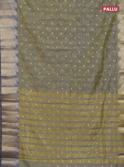 Semi raw silk saree elaichi green and grey with allover kalamkari prints & 1000 zari buttas and zari woven border