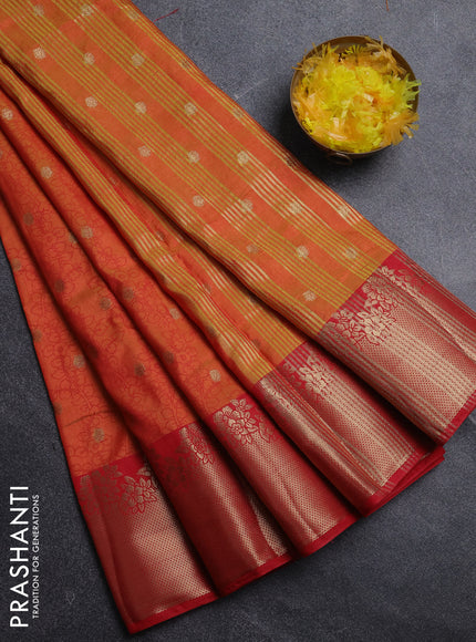 Semi raw silk saree dual shade of orange and red with allover kalamkari prints & 1000 zari buttas and zari woven border