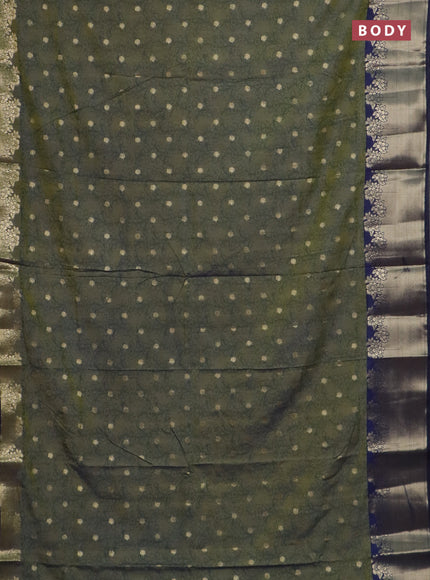 Semi raw silk saree dual shade of mehendi green and navy blue with allover kalamkari prints & 1000 zari buttas and zari woven border