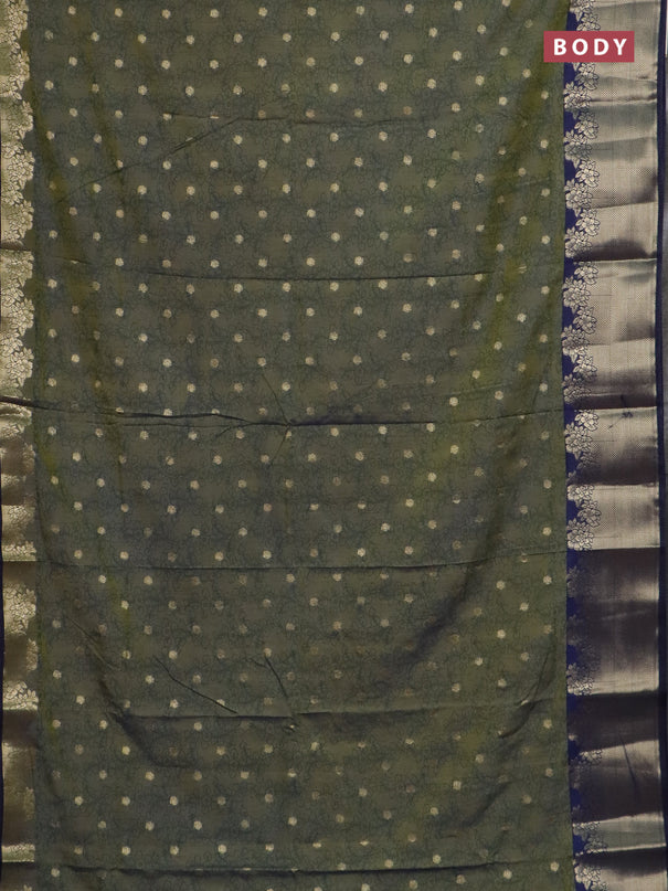 Semi raw silk saree dual shade of mehendi green and navy blue with allover kalamkari prints & 1000 zari buttas and zari woven border