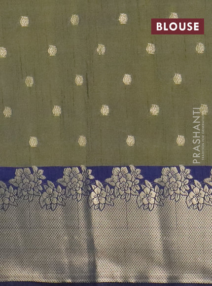 Semi raw silk saree dual shade of mehendi green and navy blue with allover kalamkari prints & 1000 zari buttas and zari woven border