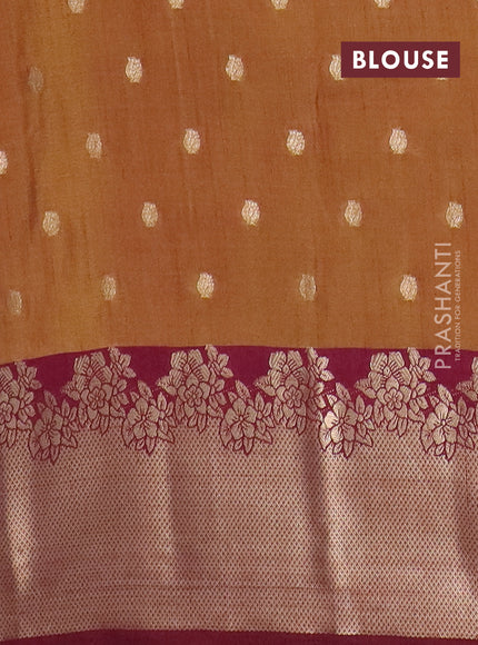 Semi raw silk saree dual shade of dark mustard green and wine shade with allover kalamkari prints & 1000 zari buttas and zari woven border