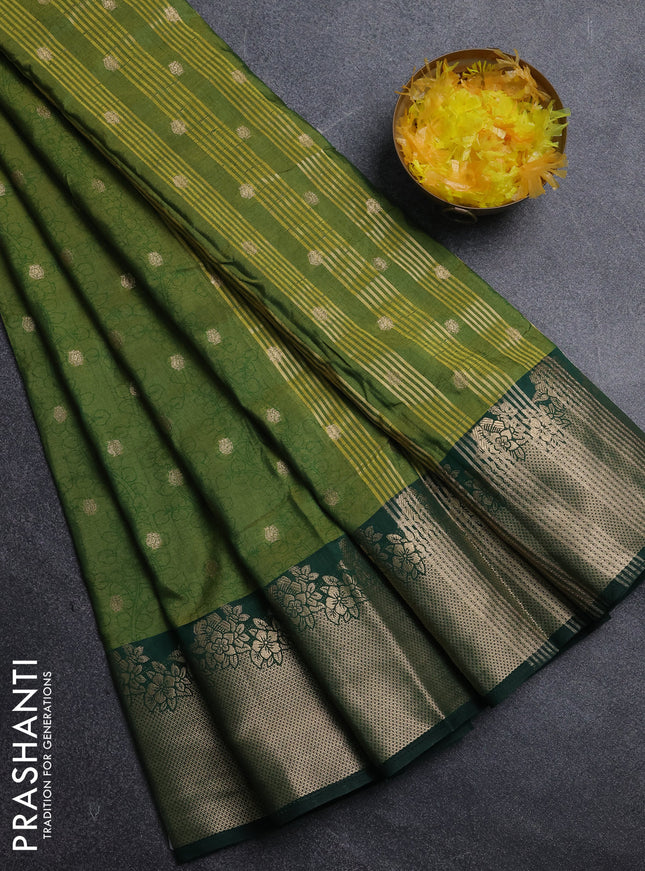 Semi raw silk saree mehendi green and bottle green with allover kalamkari prints & 1000 zari buttas and zari woven border