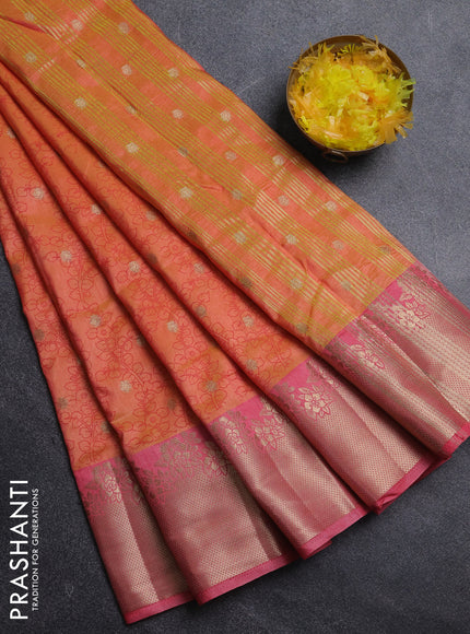 Semi raw silk saree orange and peach pink with allover kalamkari prints & 1000 zari buttas and zari woven border