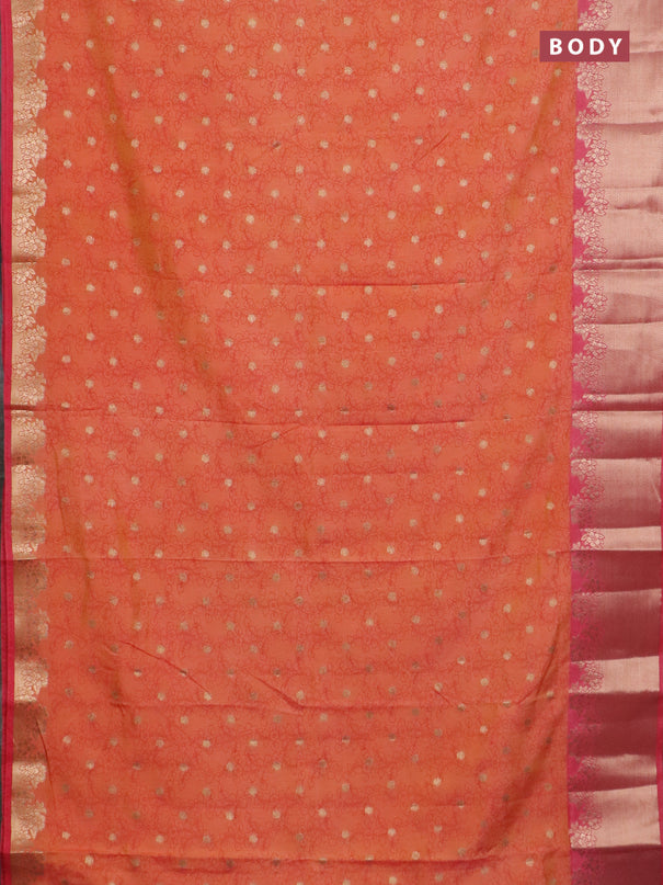 Semi raw silk saree orange and peach pink with allover kalamkari prints & 1000 zari buttas and zari woven border