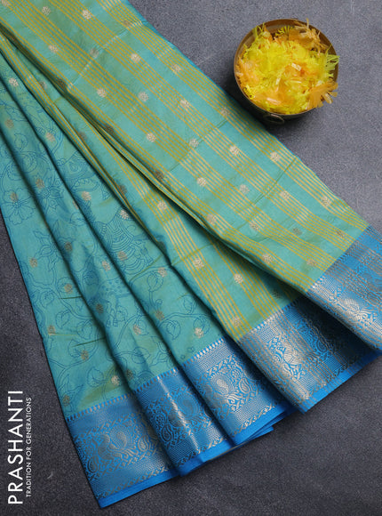 Semi raw silk saree teal shade and cs blue with allover kalamkari prints & 1000 zari buttas and zari woven border