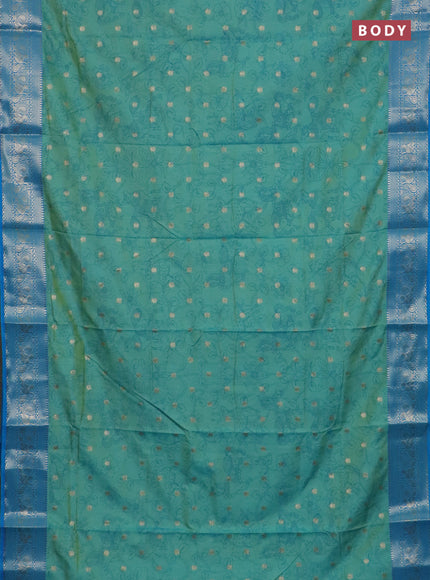 Semi raw silk saree teal shade and cs blue with allover kalamkari prints & 1000 zari buttas and zari woven border